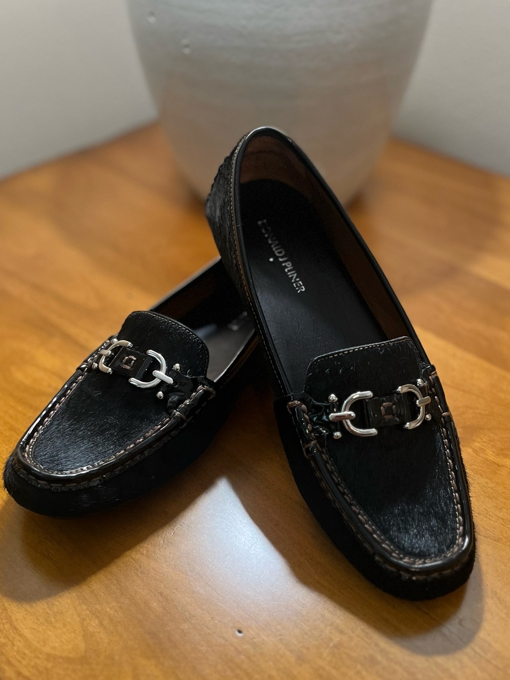 Donald J. Pliner Black Horsehair Loafers with Silver Horse Bit Hardware